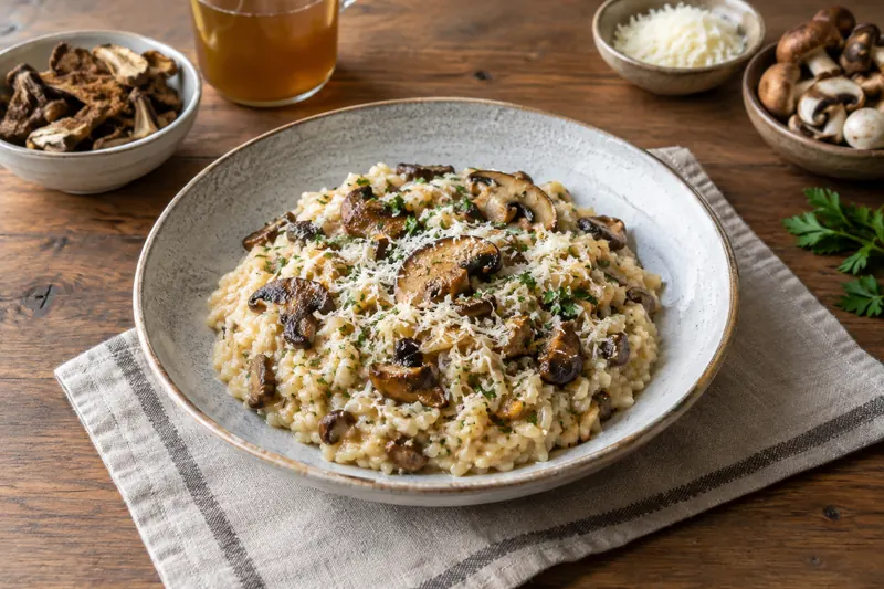 A plate of creamy mushroom risotto with browned mushrooms, parsley and grated parmesan