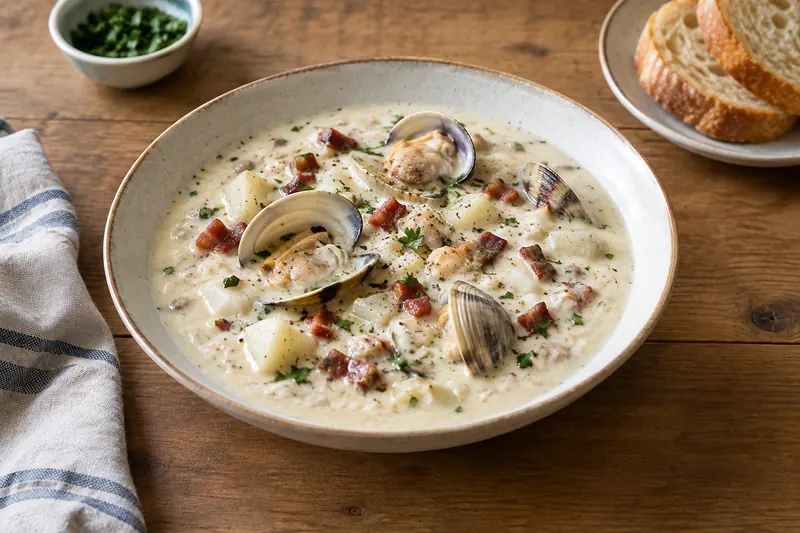 A bowl of creamy white clam chowder with potatoes, bacon, chives and a few clams in their shells