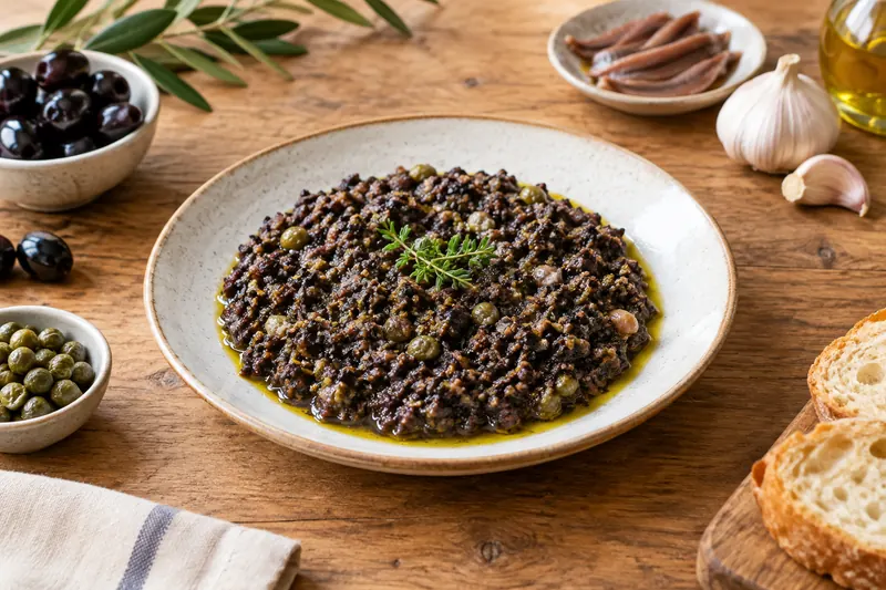 A bowl of dark coarse olive spread with thyme, beside toasted bread