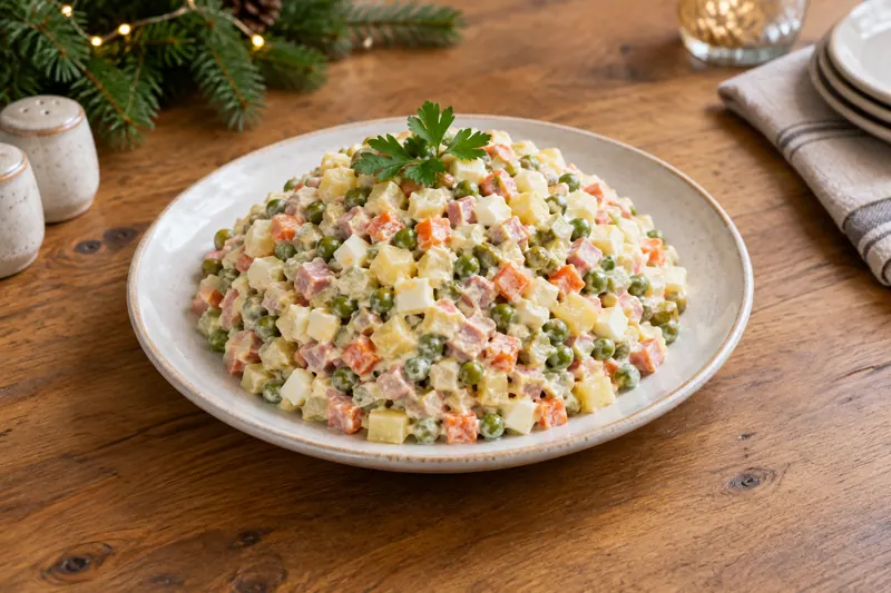 A bowl of Russian Olivier salad with small even cubes of potato, carrot, egg and peas
