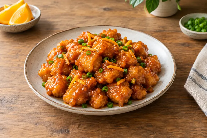 Crisp battered chicken pieces in a glossy orange glaze with spring onion and sesame seeds