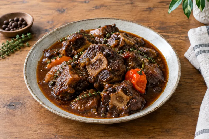 A shallow bowl of dark Jamaican oxtail stew with carrot, thyme sprigs, allspice berries and a whole scotch bonnet.