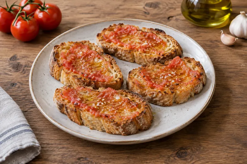 Toasted rustic bread rubbed with tomato, glistening with olive oil and scattered with salt