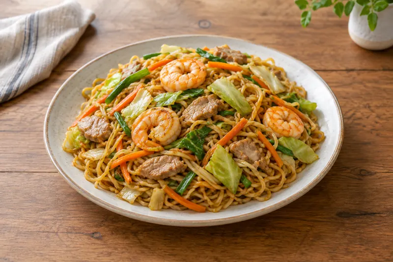 A platter of pancit canton egg noodles with prawns, pork, carrot, cabbage and lemon wedges