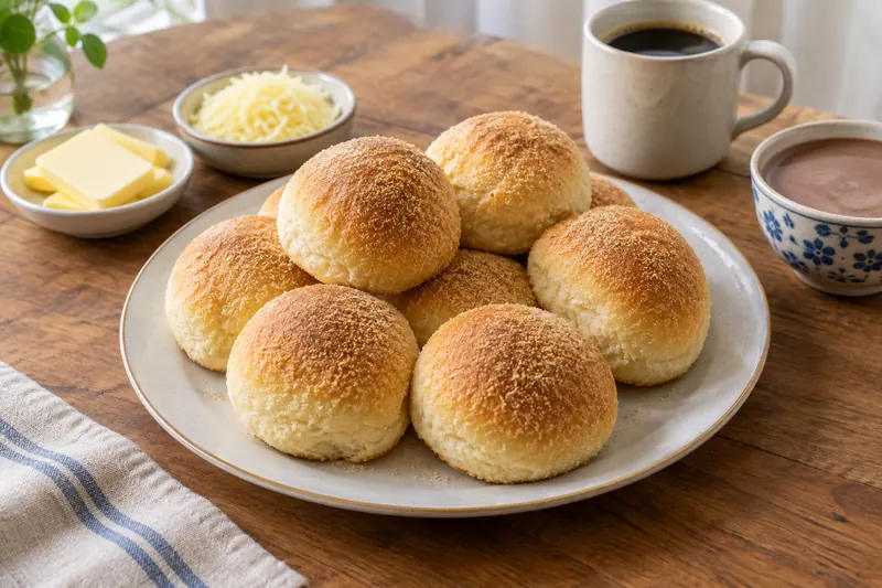 A basket of small soft oval bread rolls with a golden breadcrumb crust