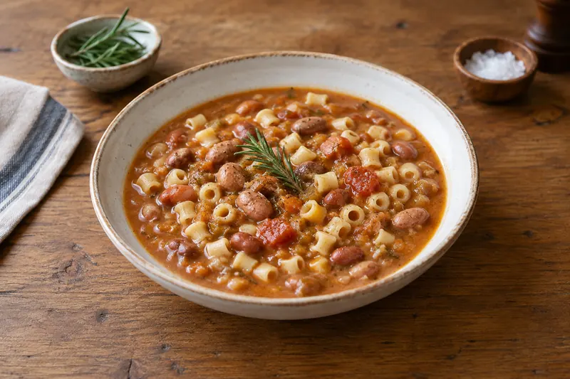 A bowl of thick bean and pasta soup with olive oil and a sprig of rosemary