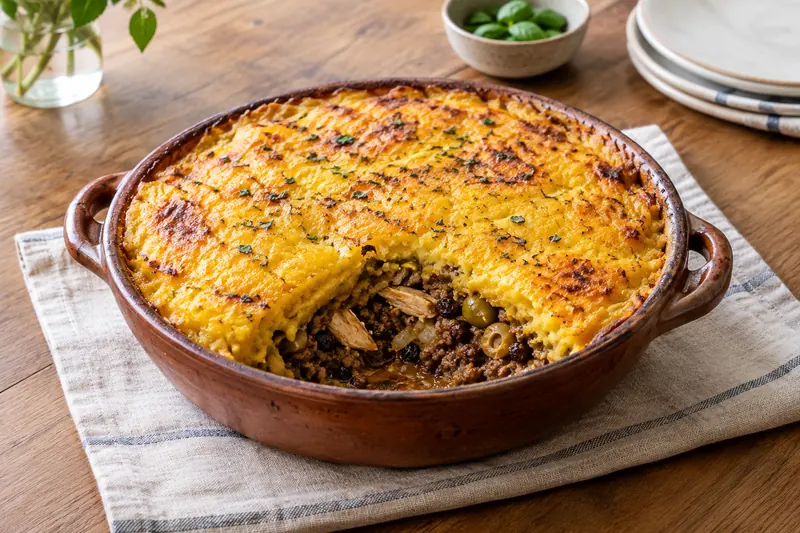 A clay dish with a golden caramelised corn crust, spooned open to show minced beef and olives