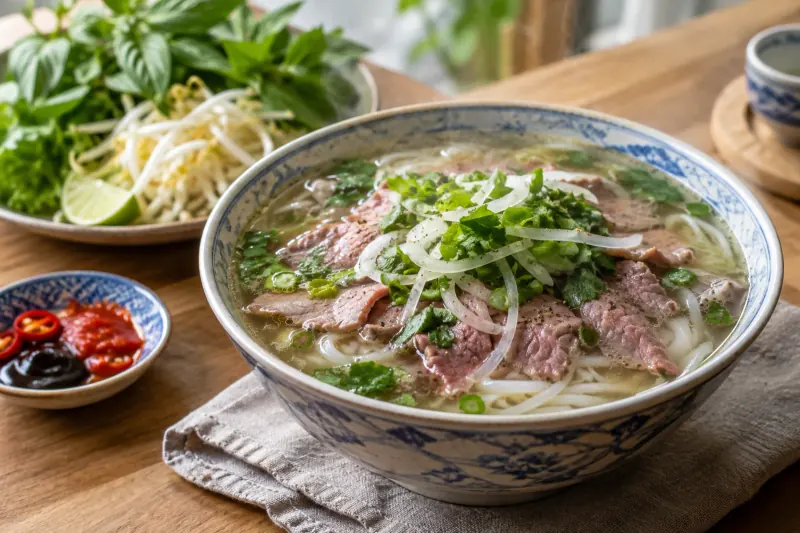 A bowl of phở bò with rice noodles, sliced beef, spring onion and a plate of fresh herbs