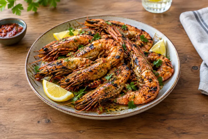 Charred shell-on king prawns glazed in red chilli sauce with lemon wedges