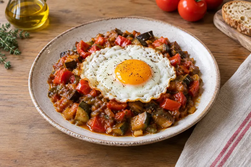 A pan of stewed peppers, courgette and tomato topped with a fried egg and bread