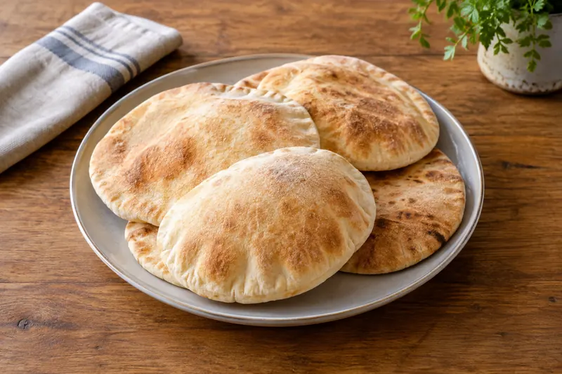 Puffed round pita breads, one torn open to show the hollow pocket inside