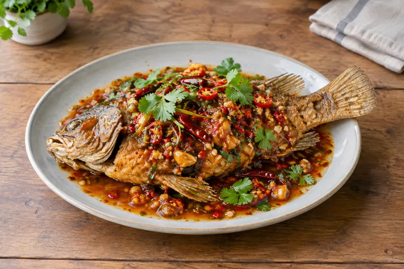 A whole crispy fried fish covered in a glossy red chilli and garlic sauce with basil