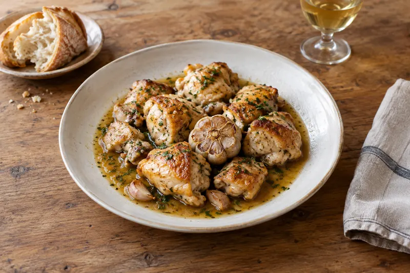 Browned chicken pieces in a pan with whole garlic cloves, parsley and a sherry pan sauce