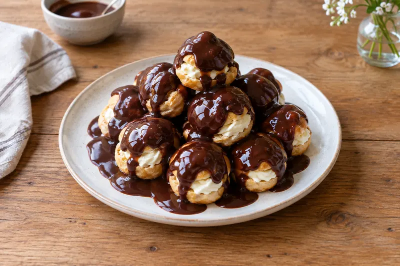 A pile of golden choux buns filled with cream and covered in glossy chocolate sauce