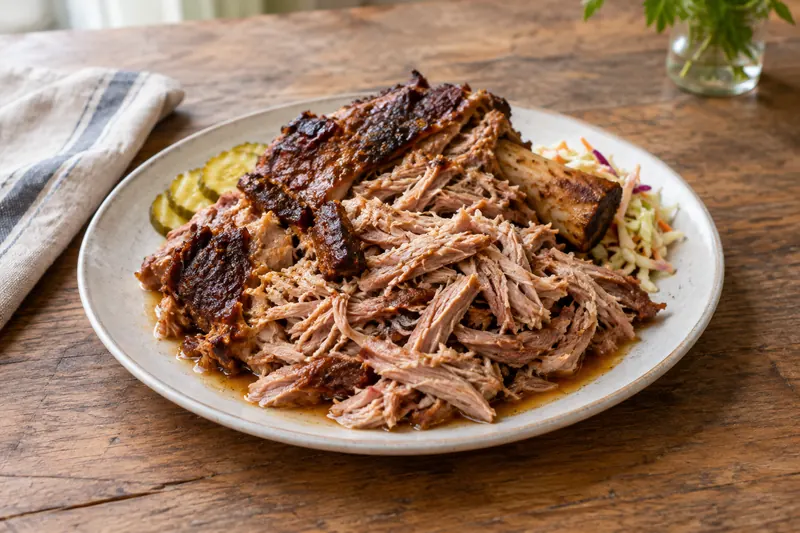 A soft white bun filled with strands of pulled pork and pale vinegar slaw, with more pork piled on the board beside it.