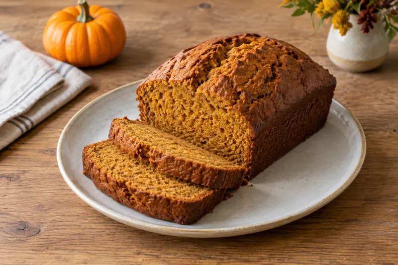 A partly sliced loaf of pumpkin bread on a wooden board, its cracked, domed top scattered with pumpkin seeds and its crumb moist and orange-brown.