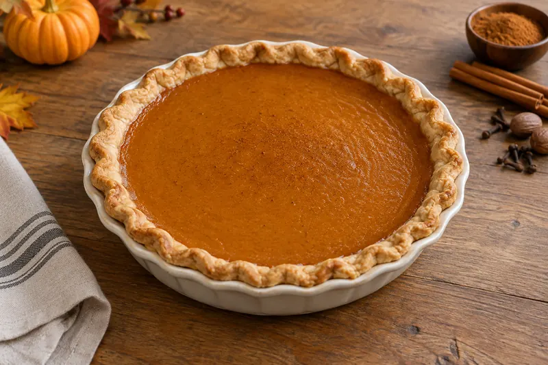 A pumpkin pie with a smooth deep orange filling and crimped crust, topped with whipped cream