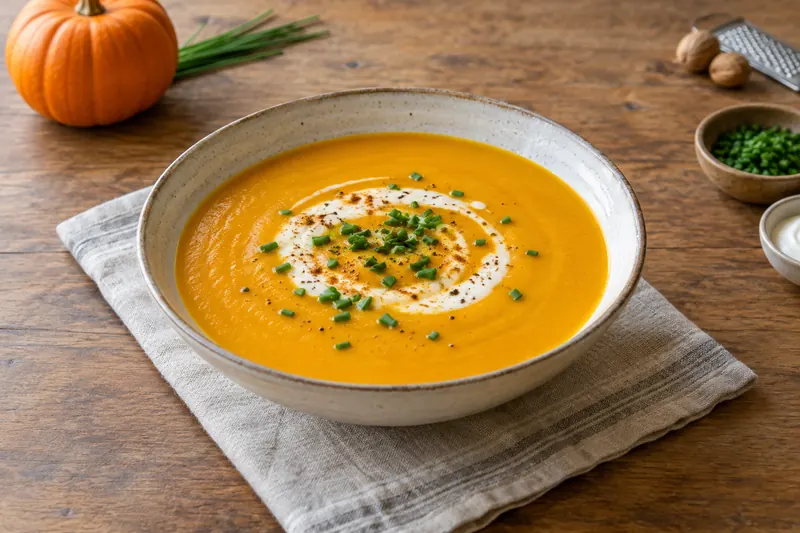 A bowl of smooth, bright orange pumpkin soup with a swirl of crème fraîche, snipped chives and a few toasted pumpkin seeds on top.