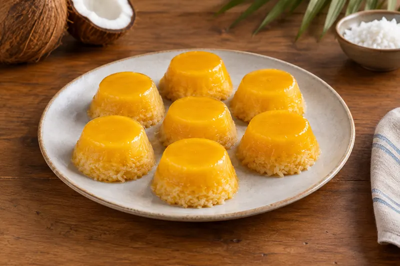 Small glossy bright yellow custards turned out, with a golden coconut base, on a plate