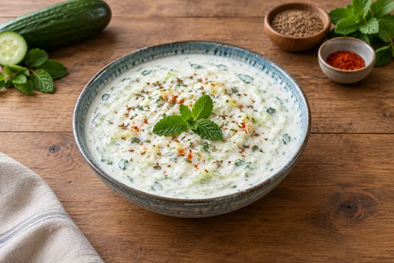 A bowl of white yoghurt with grated cucumber, mint and a sprinkle of roasted cumin and chilli