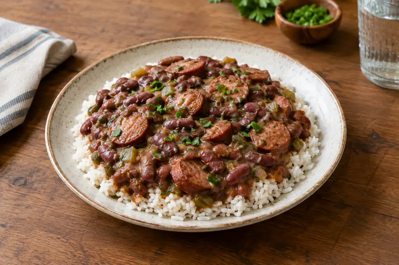A plate of creamy red beans with sliced smoked sausage over white rice with spring onions