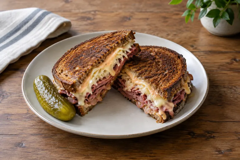 A griddled rye sandwich cut in half, oozing melted cheese, corned beef and sauerkraut