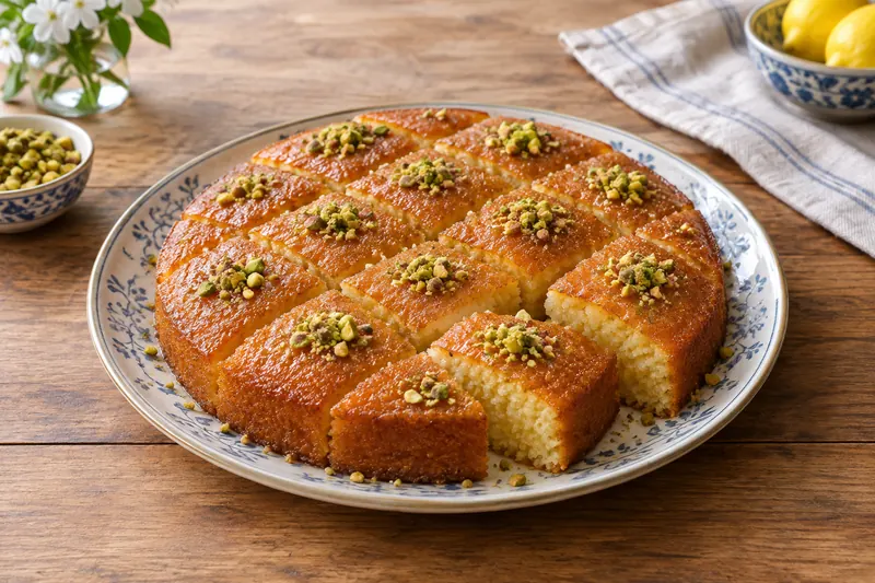 Squares of golden semolina cake soaked in syrup, topped with chopped pistachios