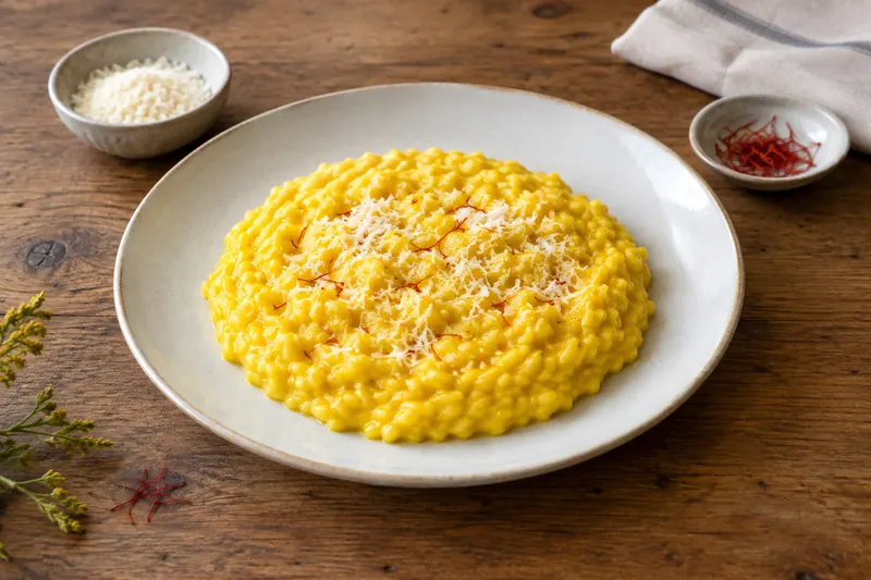 A plate of deep yellow saffron risotto, spread flat and glossy, with Parmesan grated over
