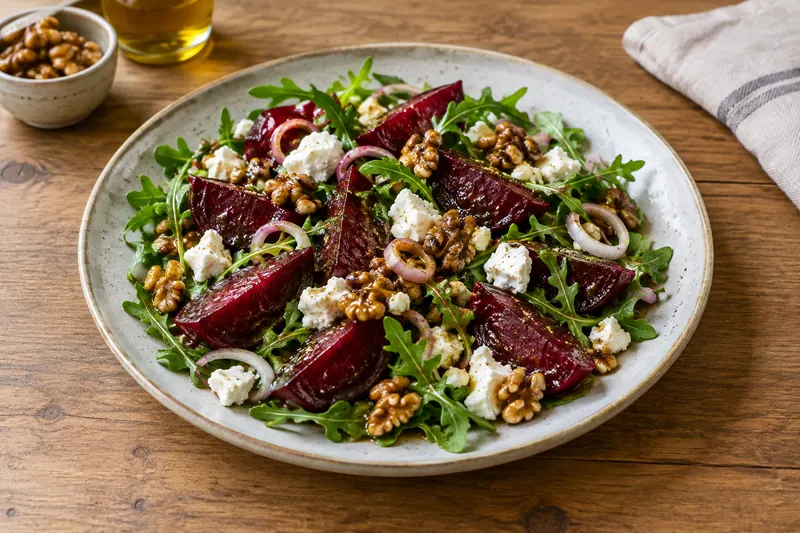 A platter of roasted beetroot wedges on rocket, topped with crumbled goat cheese, glazed walnuts and thin pink shallot rings.