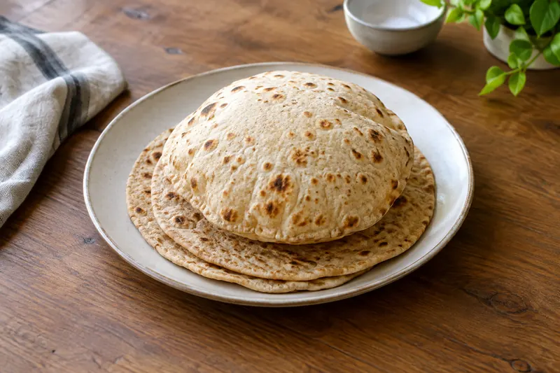 A stack of soft round flatbreads with brown spots, one puffed into a ball