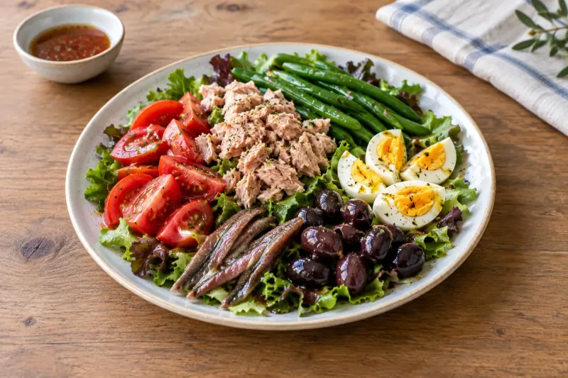 A wide platter of lettuce topped with flaked tuna, halved boiled eggs, green beans, tomato wedges, black olives and anchovy fillets