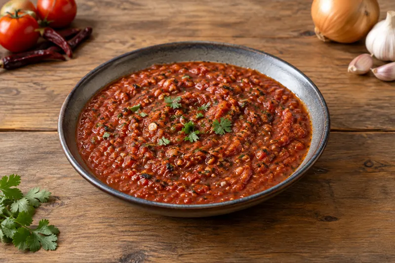 A bowl of dark red roasted tomato salsa with visible charred flecks