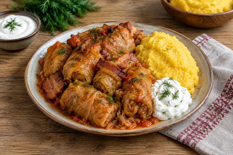 A clay pot of small cabbage rolls in tomato sauce with smoked bacon, sour cream and polenta