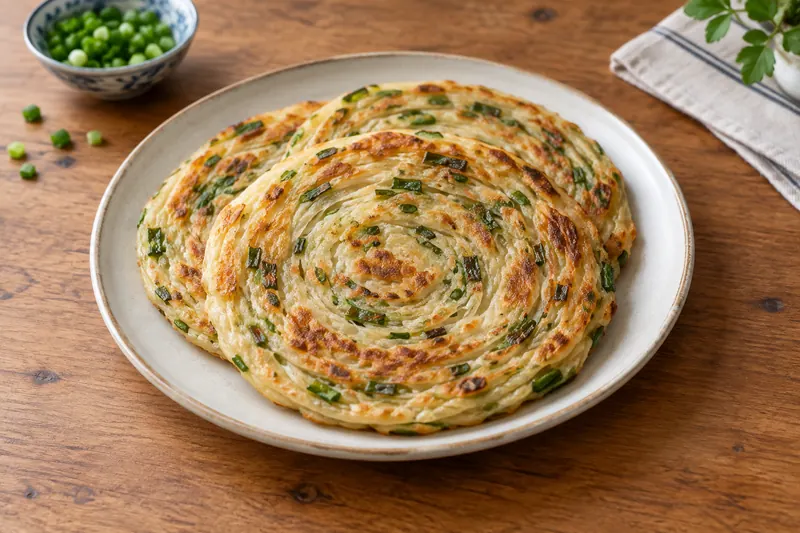 A golden flaky pan-fried spring onion pancake cut into wedges with dipping sauce
