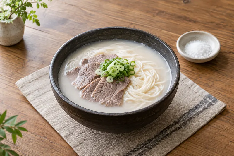A bowl of milky white beef bone broth with sliced beef, noodles and spring onion