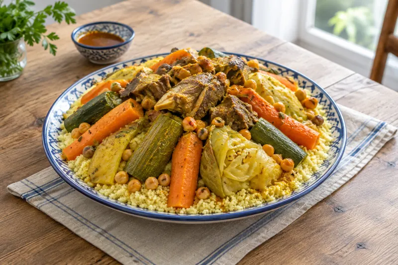 A mound of couscous topped with lamb, carrots, turnips, courgette and pumpkin in broth