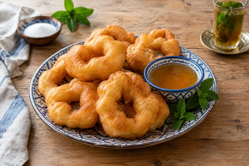 Irregular golden ring-shaped doughnuts dusted with sugar beside a glass of mint tea