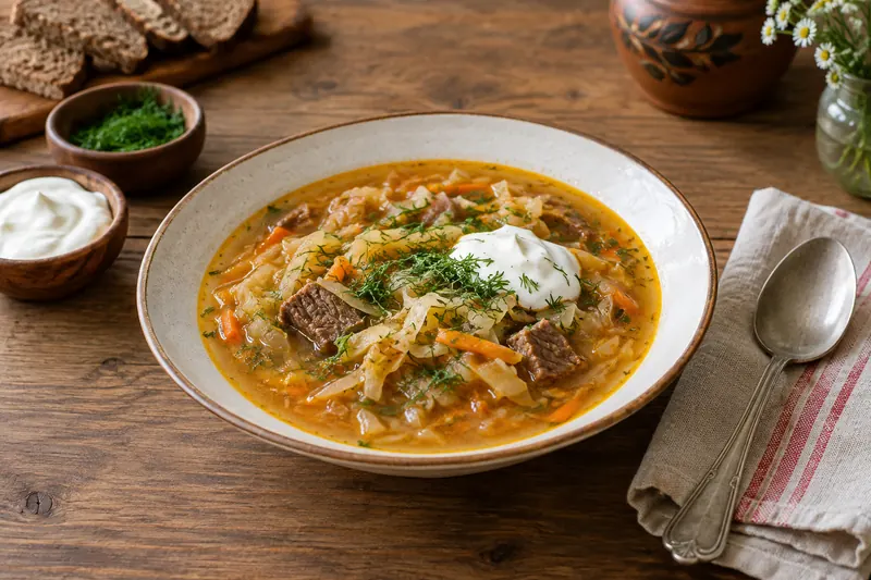A bowl of cabbage soup with beef, carrot and dill, with a spoonful of soured cream