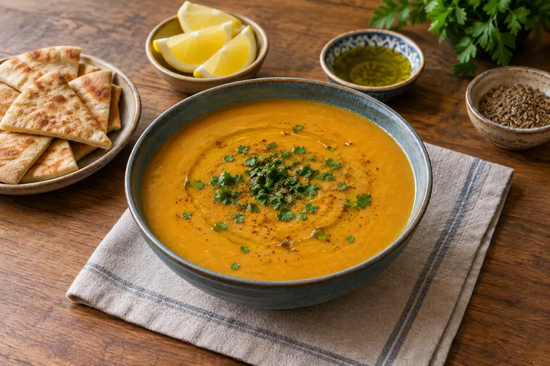 A bowl of smooth golden lentil soup with a drizzle of olive oil, cumin and lemon wedges
