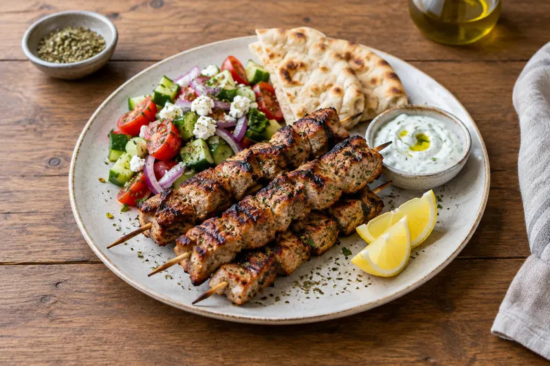 Charred pork souvlaki skewers with lemon wedges and a bowl of tzatziki