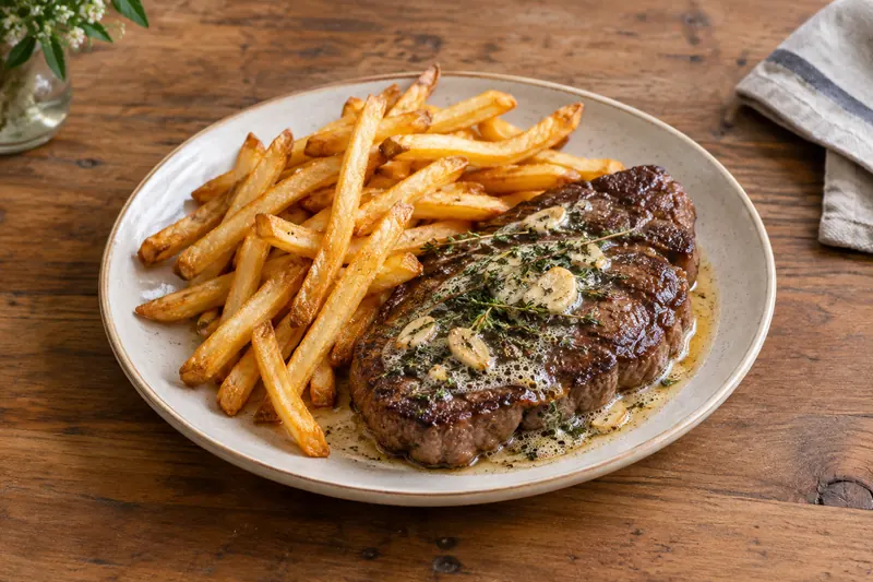 A sliced pan-seared steak glossed with garlic and thyme pan butter beside a pile of golden chips