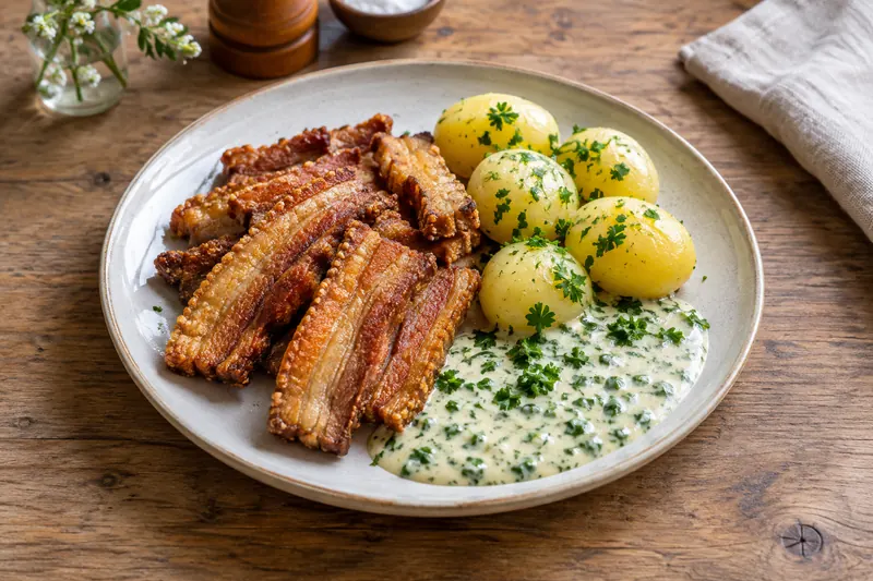 Crisp slices of baked pork belly with boiled potatoes and white parsley sauce