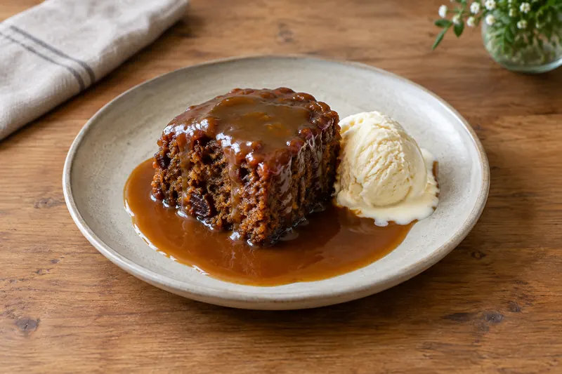 A square of dark date sponge drenched in glossy toffee sauce with a scoop of ice cream