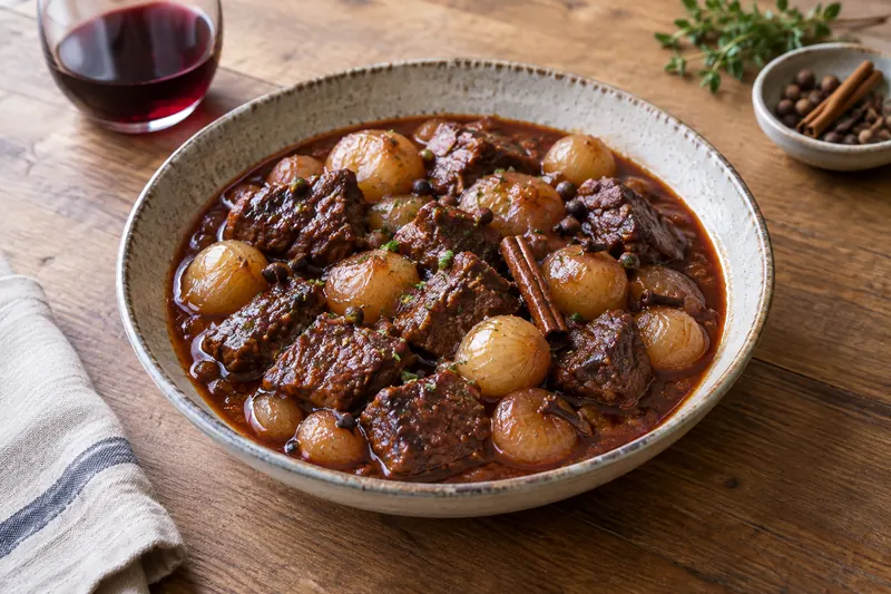 A pot of dark beef stew with whole glazed baby onions and a cinnamon stick