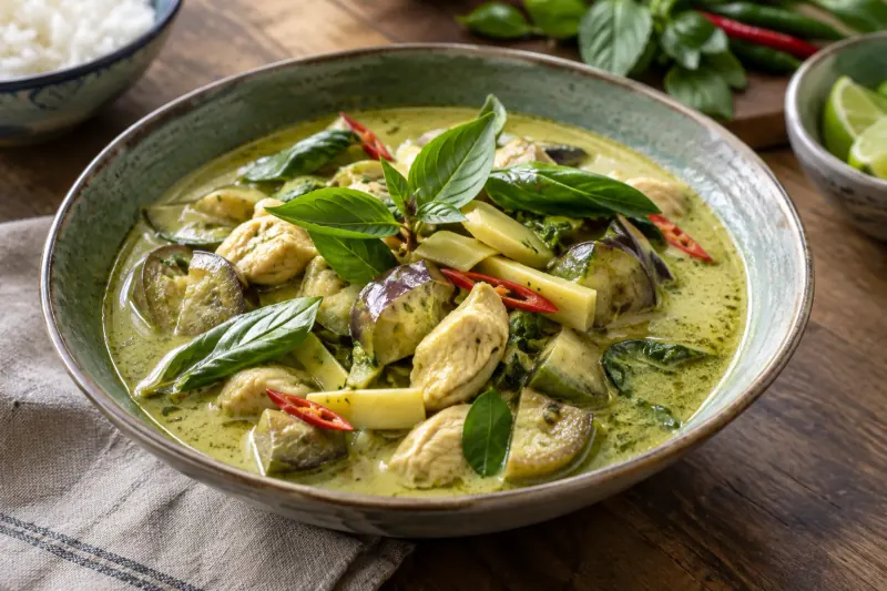 A bowl of Thai green curry with chicken, aubergine and Thai basil, next to steamed jasmine rice