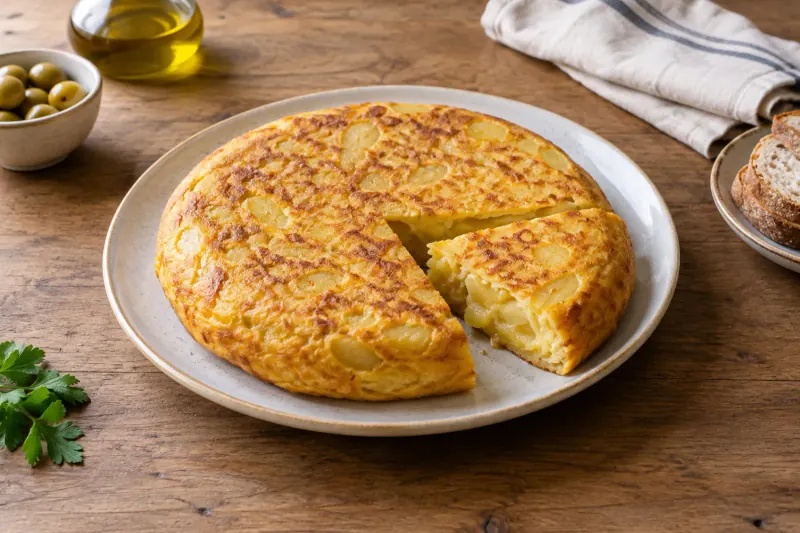 A wedge cut from a tortilla española showing layered potato and a soft, just-set centre