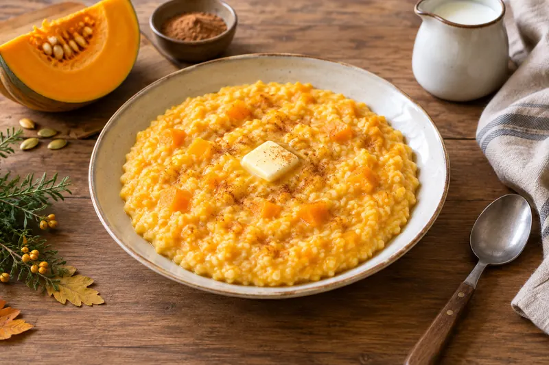 A bowl of thick golden-orange millet porridge with soft pieces of pumpkin, glossy with melted butter.