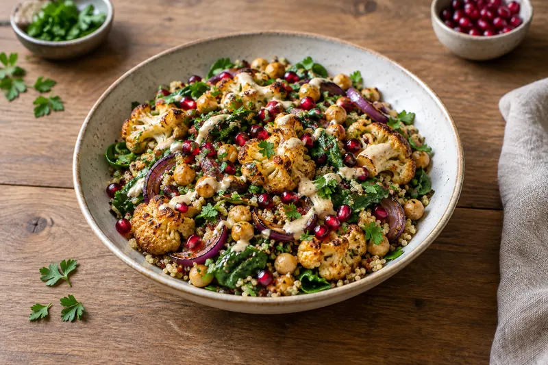 A wide serving bowl of warm quinoa tossed with roasted cauliflower, red onion wedges, chickpeas and wilted spinach, scattered with parsley and pomegranate seeds and drizzled with tahini dressing