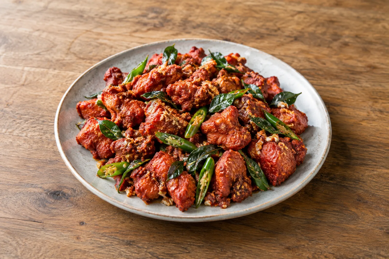 Crisp red fried chicken pieces tossed with curry leaves and green chillies