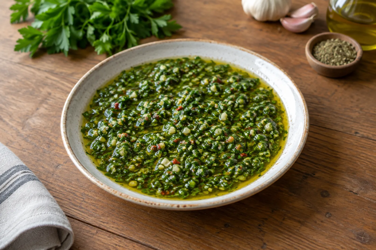 A jar of green chimichurri with visible chopped parsley, oregano and chilli flakes